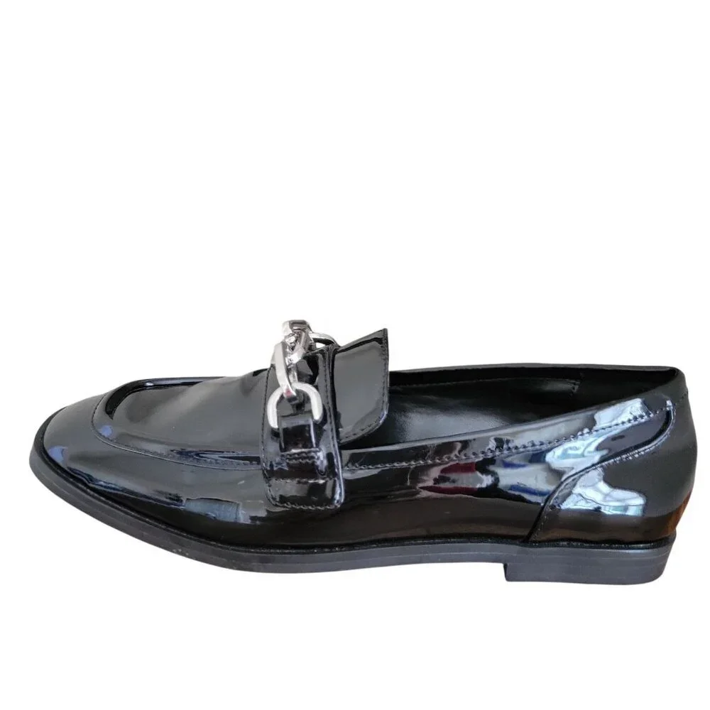Nordstrom Rack Loafer Women Black Glossy Flat Moc Rack Jane Chain-Link Shoe 6.5M